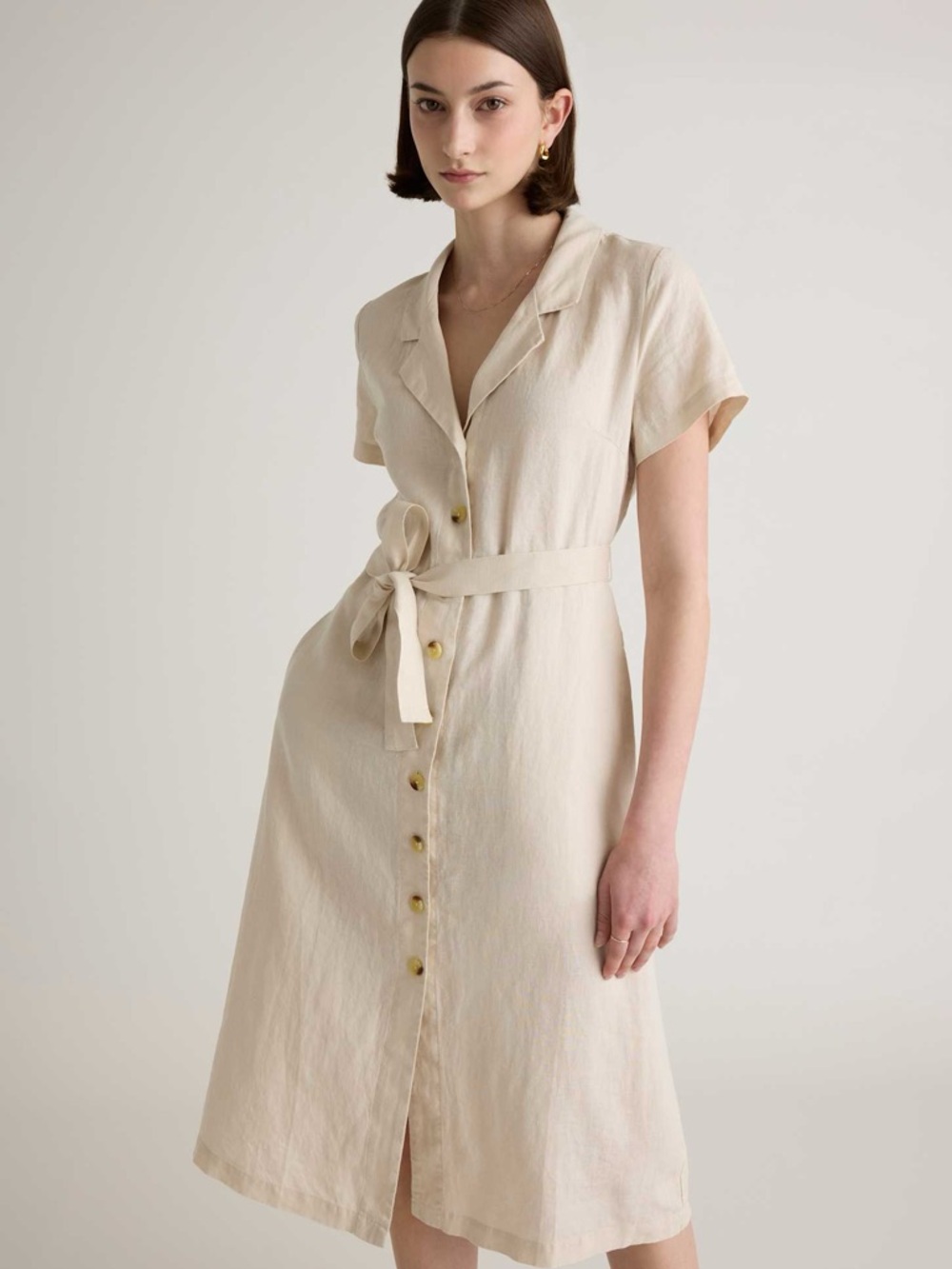 Quince European Linen Button-Front Tie-Waist Midi Dress Sand Medium short sleeve